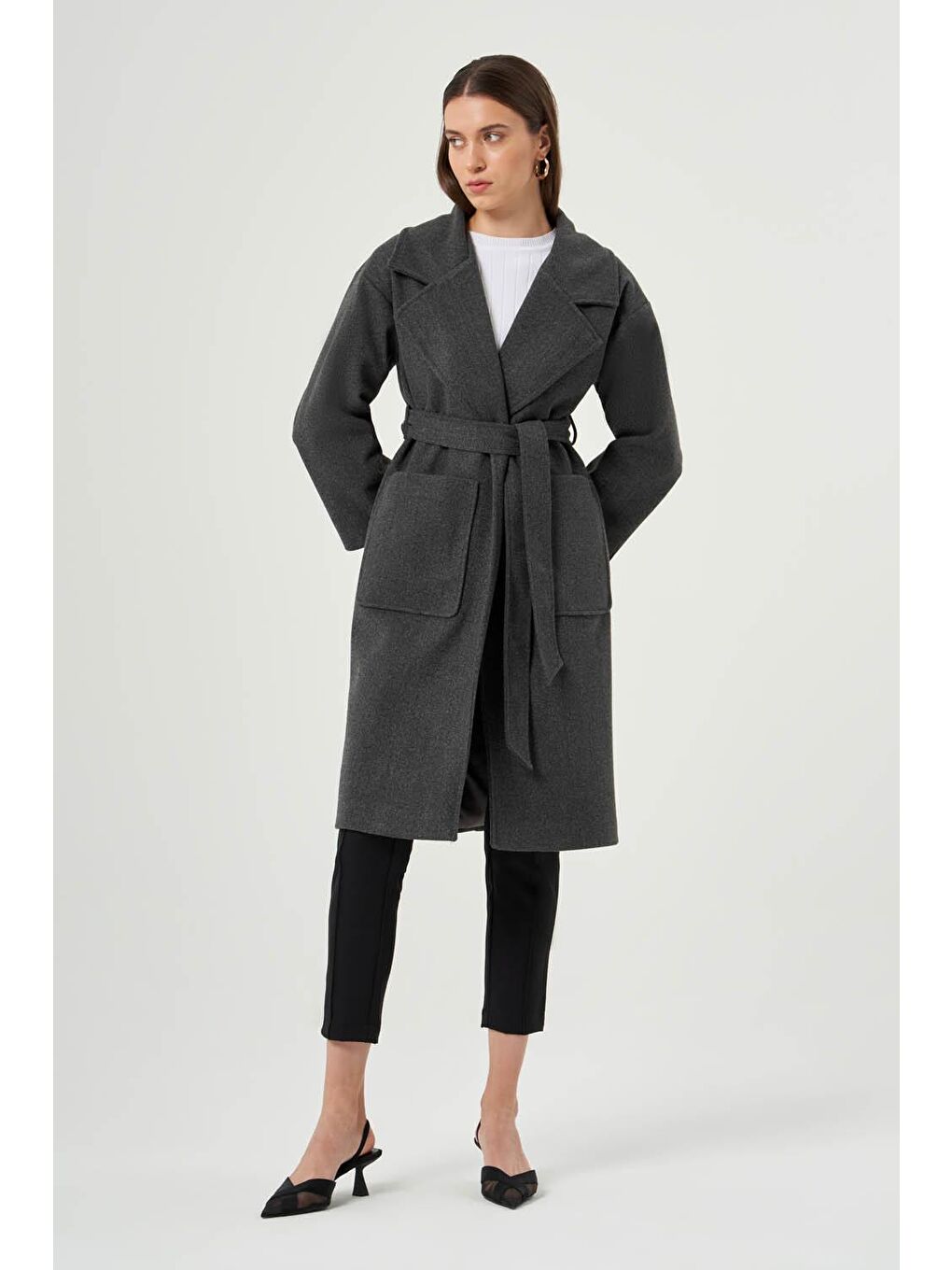 Basıc Kaşe Dokulu Gri Kaban