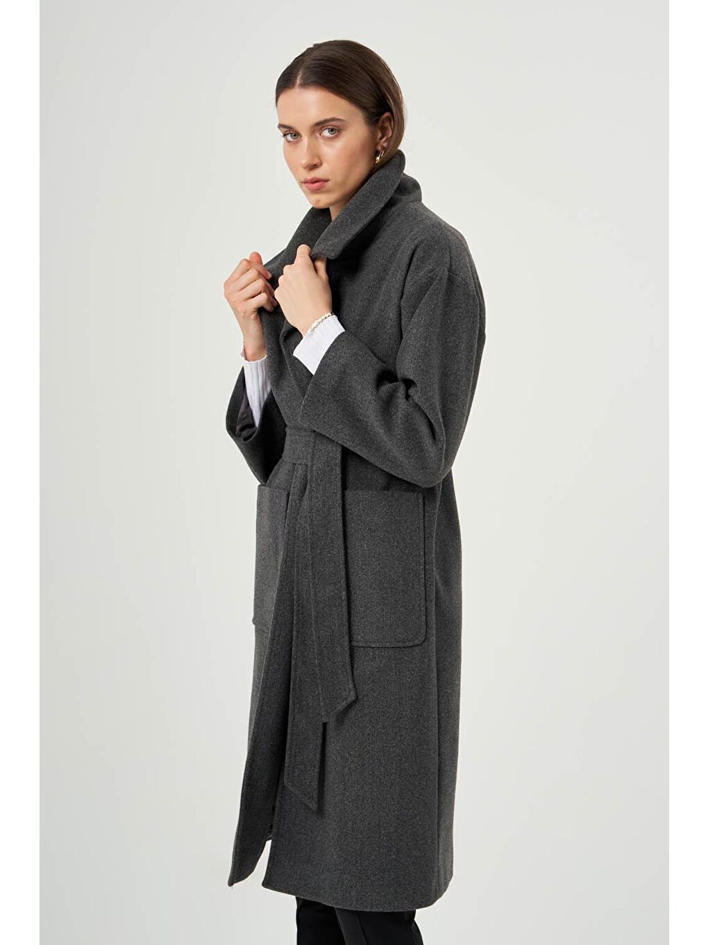 Basıc Kaşe Dokulu Gri Kaban-1