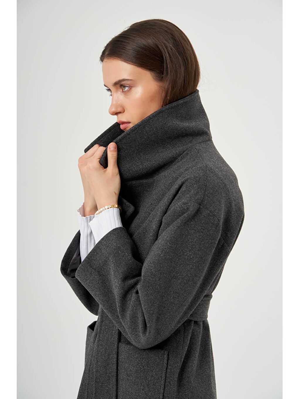 Basıc Kaşe Dokulu Gri Kaban-2