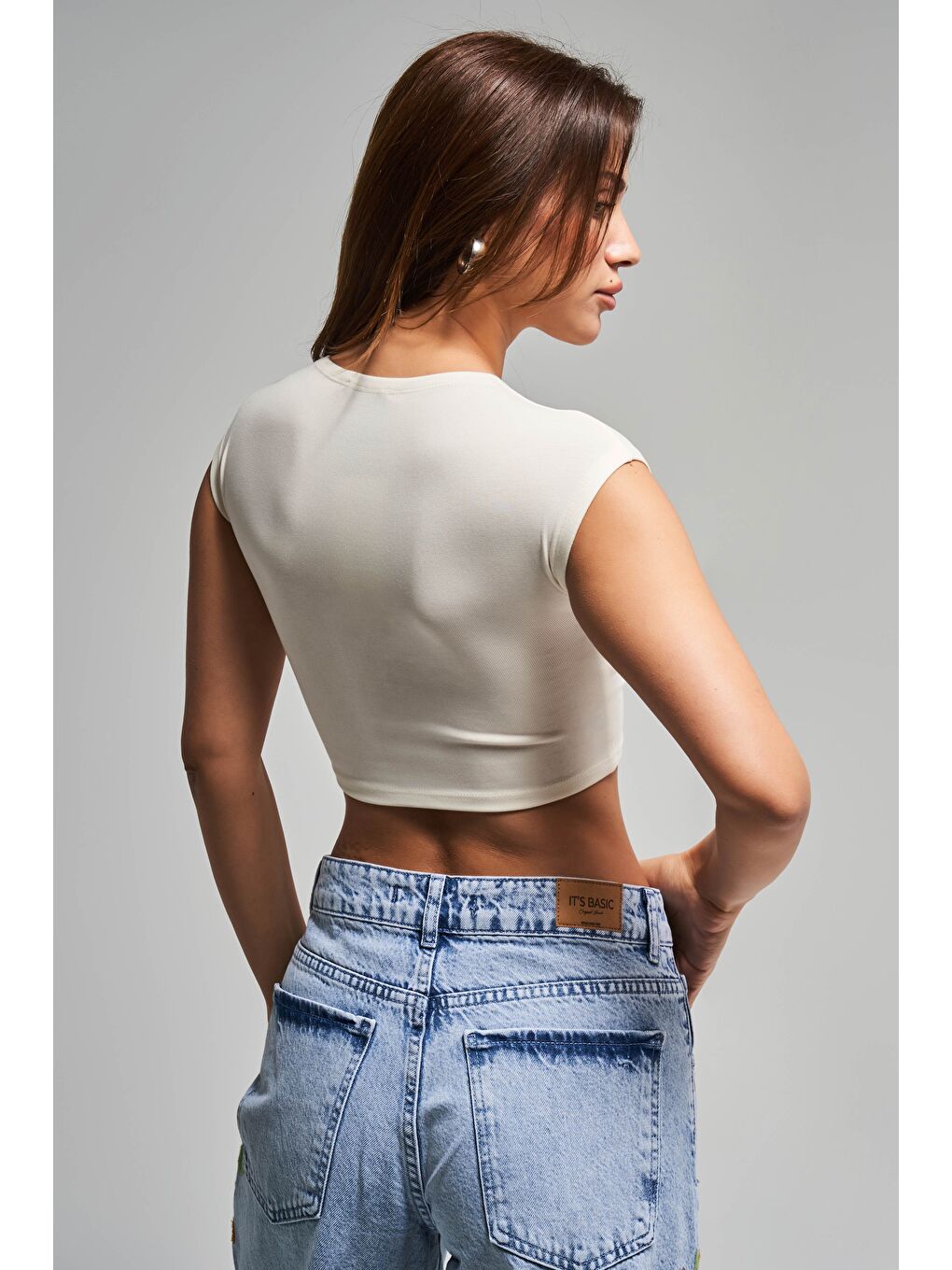 Kadın Bej Renk S5-101 Süper Esnek Kumaş Crop Fit Top-1