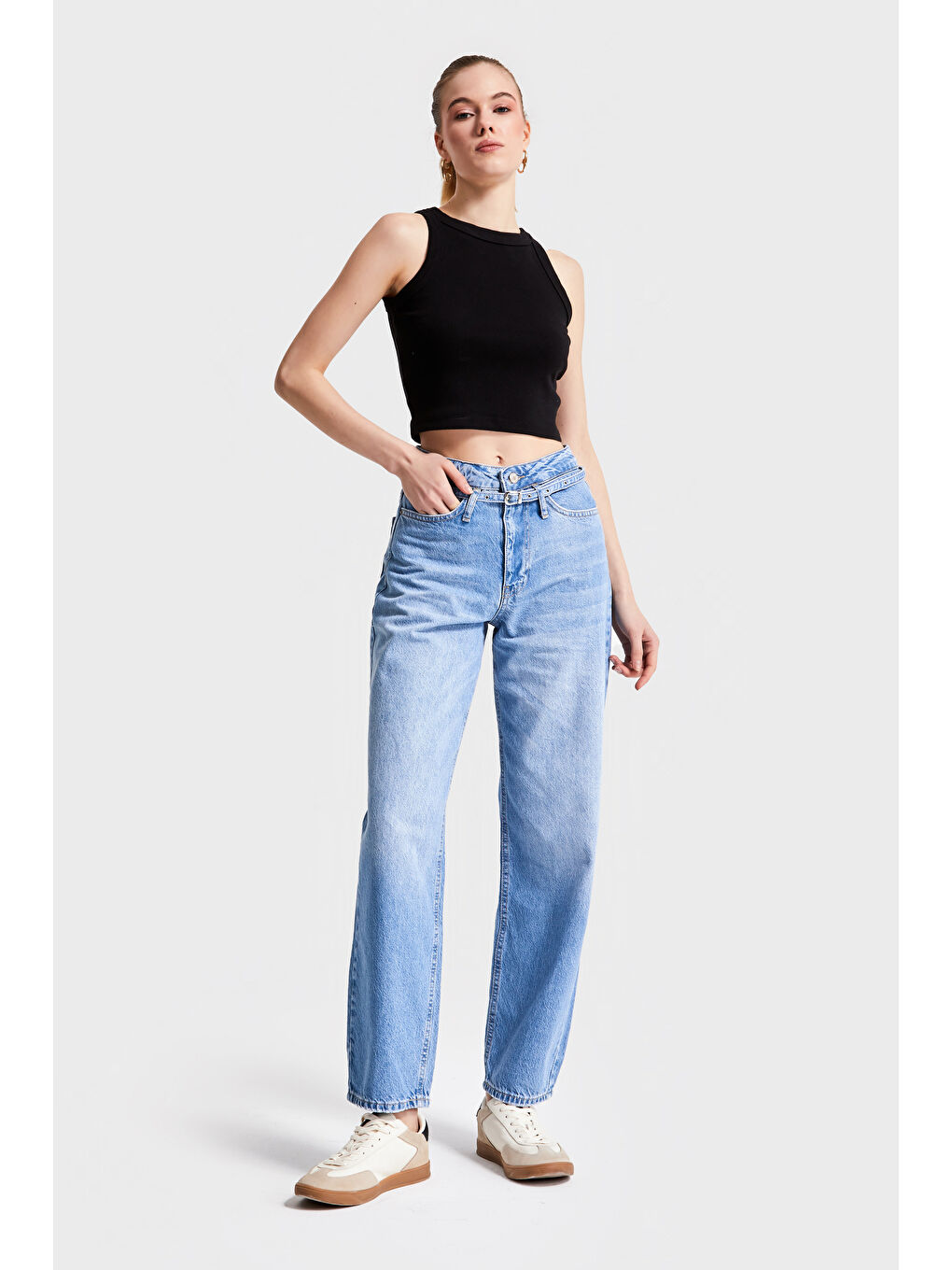 Kadın Mavi Renk 2S54 Taılored Fit Kemerli %100 Pamuk Denim-5