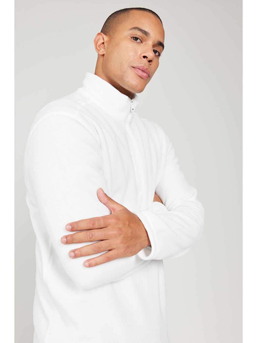 Erkek Beyaz Anti-Pilling Tüylenme Yapmayan Standart Fit Dik Yaka Polar Sweatshirt-7