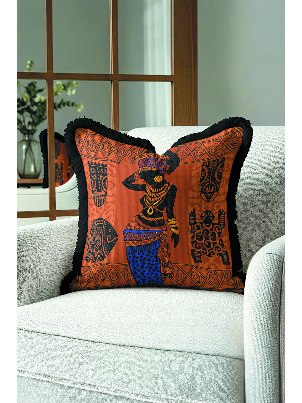 Karışık Etnik Motifli Saçaklı Yastık Kılıfı - Afrika Stili Bohem Turuncu Siyah Püsküllü Kırlent Kılıfı-4