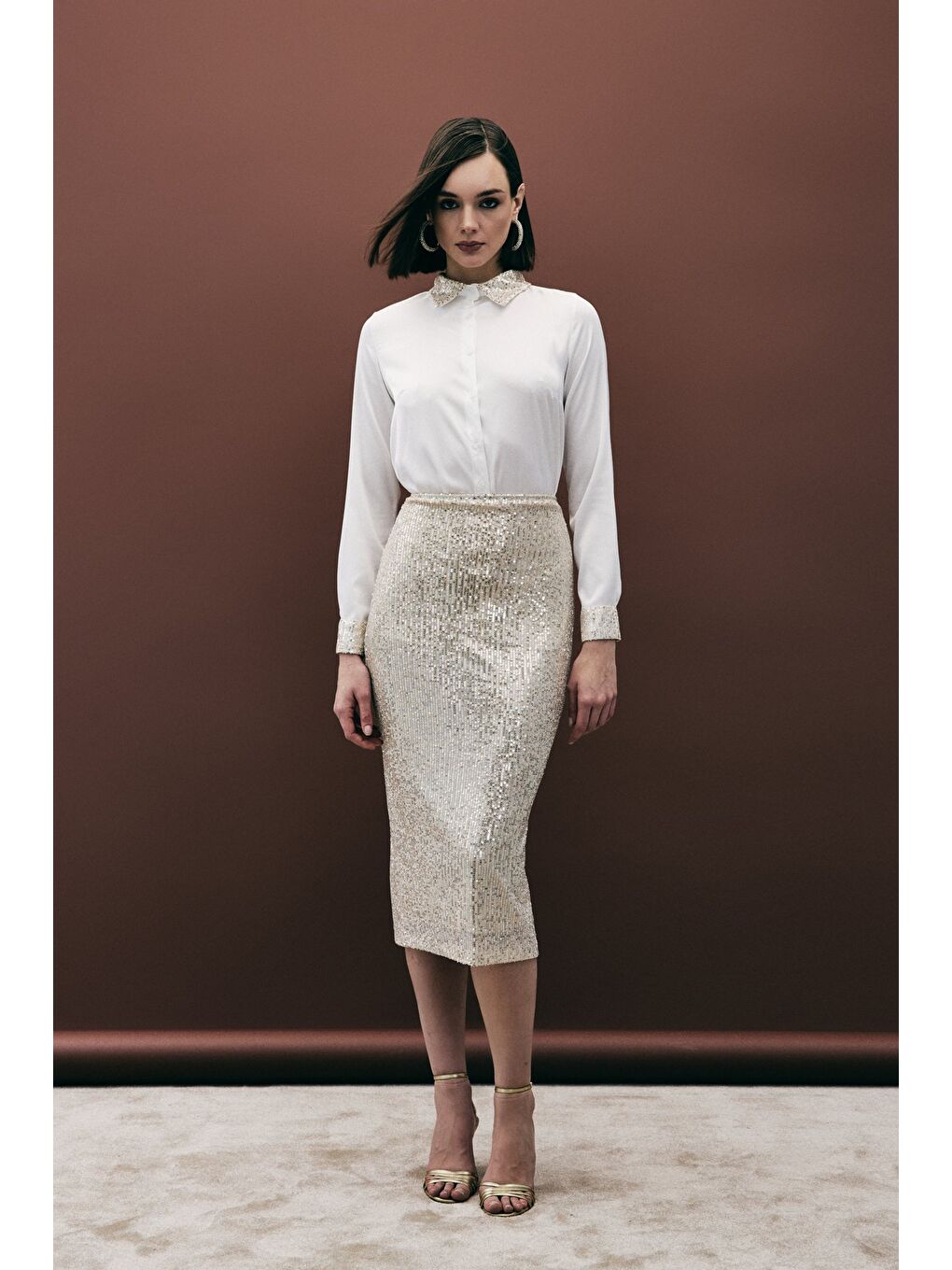 Payet Detaylı Kalem Etek - Bej-1
