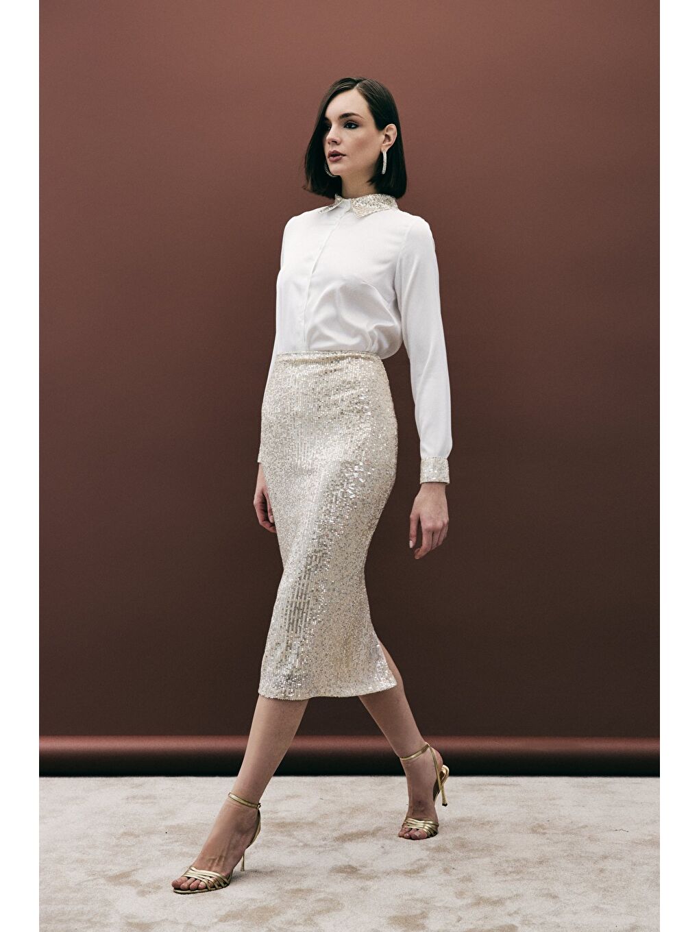 Payet Detaylı Kalem Etek - Bej-3