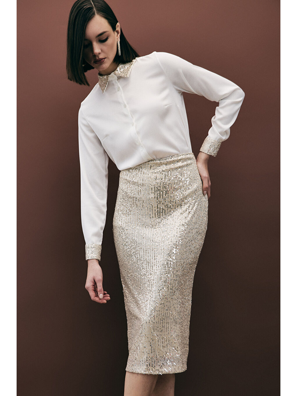 Payet Detaylı Kalem Etek - Bej-4