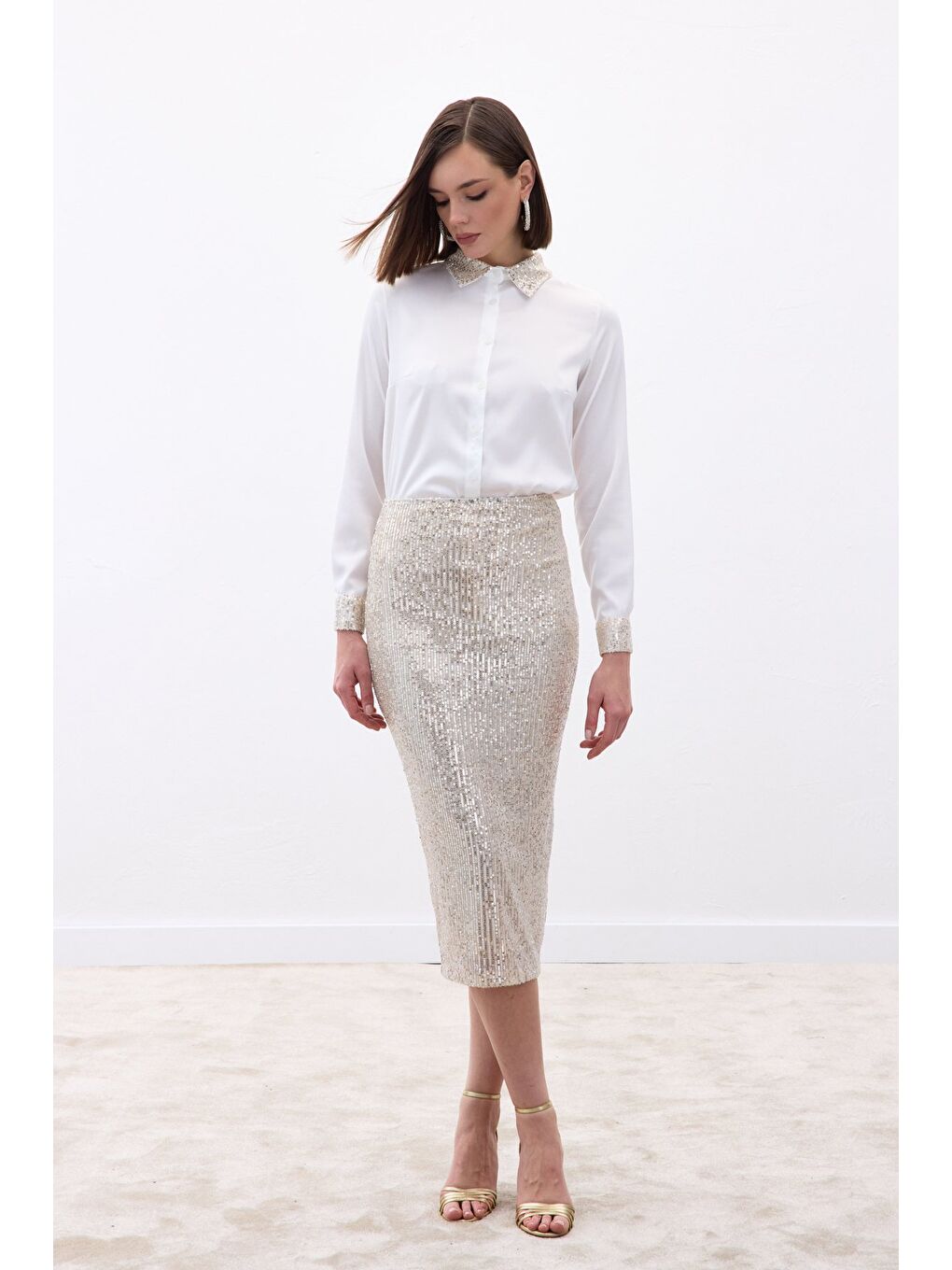 Payet Detaylı Kalem Etek - Bej-5