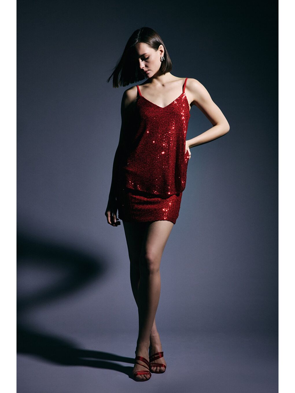 Payetli Mini Etek - Kırmızı-3