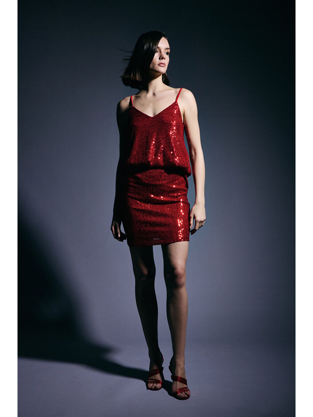 Payetli Mini Etek - Kırmızı-4