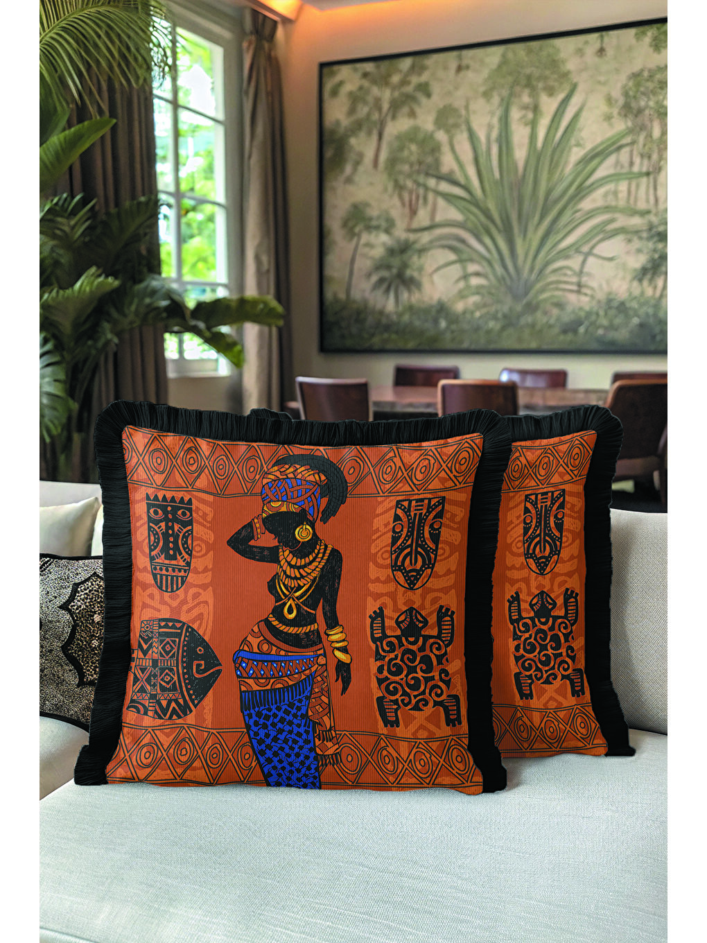 Karışık Etnik Motifli Saçaklı Yastık Kılıfı - Afrika Stili Bohem Turuncu Siyah Püsküllü Kırlent Kılıfı-5