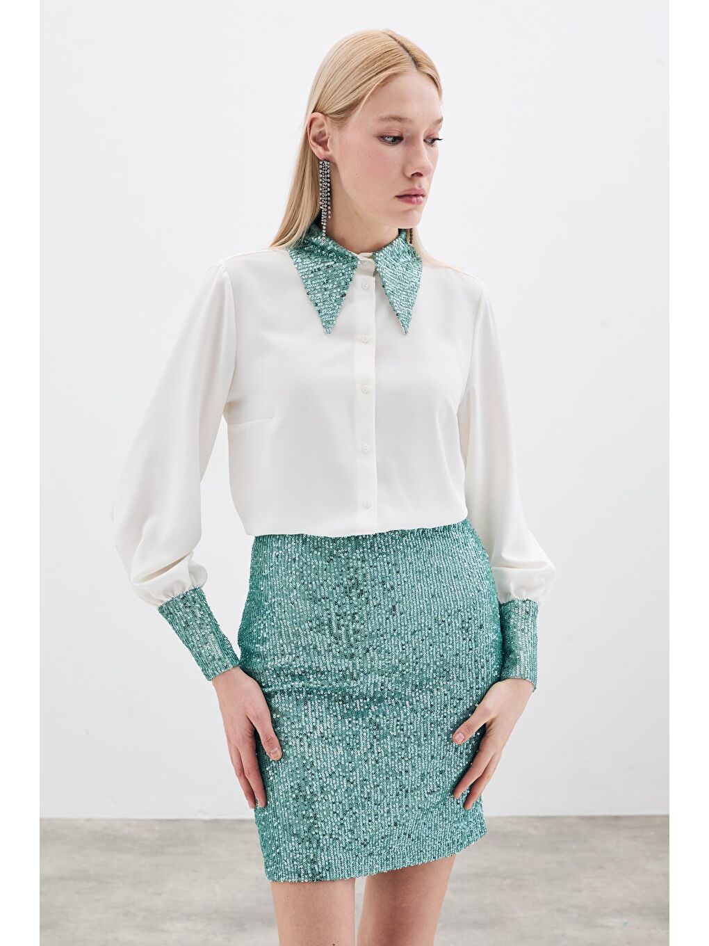 Yeşil Payetli Mini Etek - Mint-1