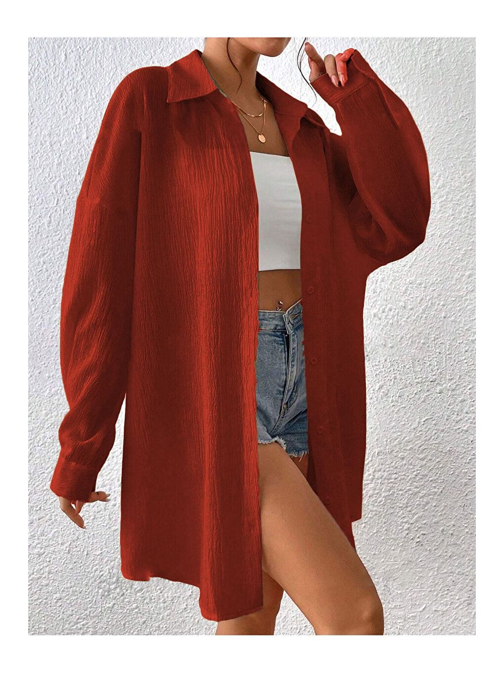 Kahverengi Kadın Kiremit Oversize Uzun Gömlek