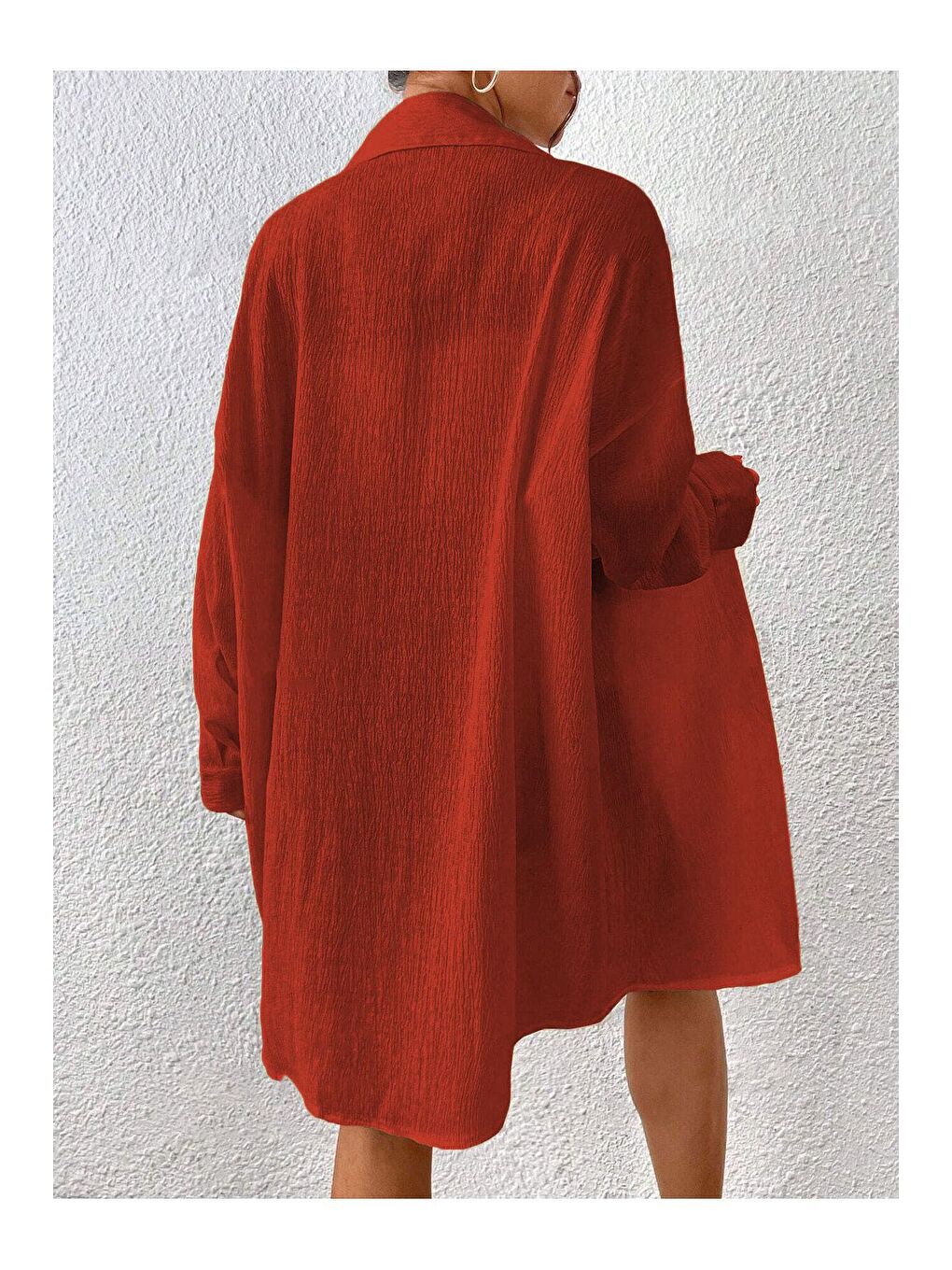 Kahverengi Kadın Kiremit Oversize Uzun Gömlek-1