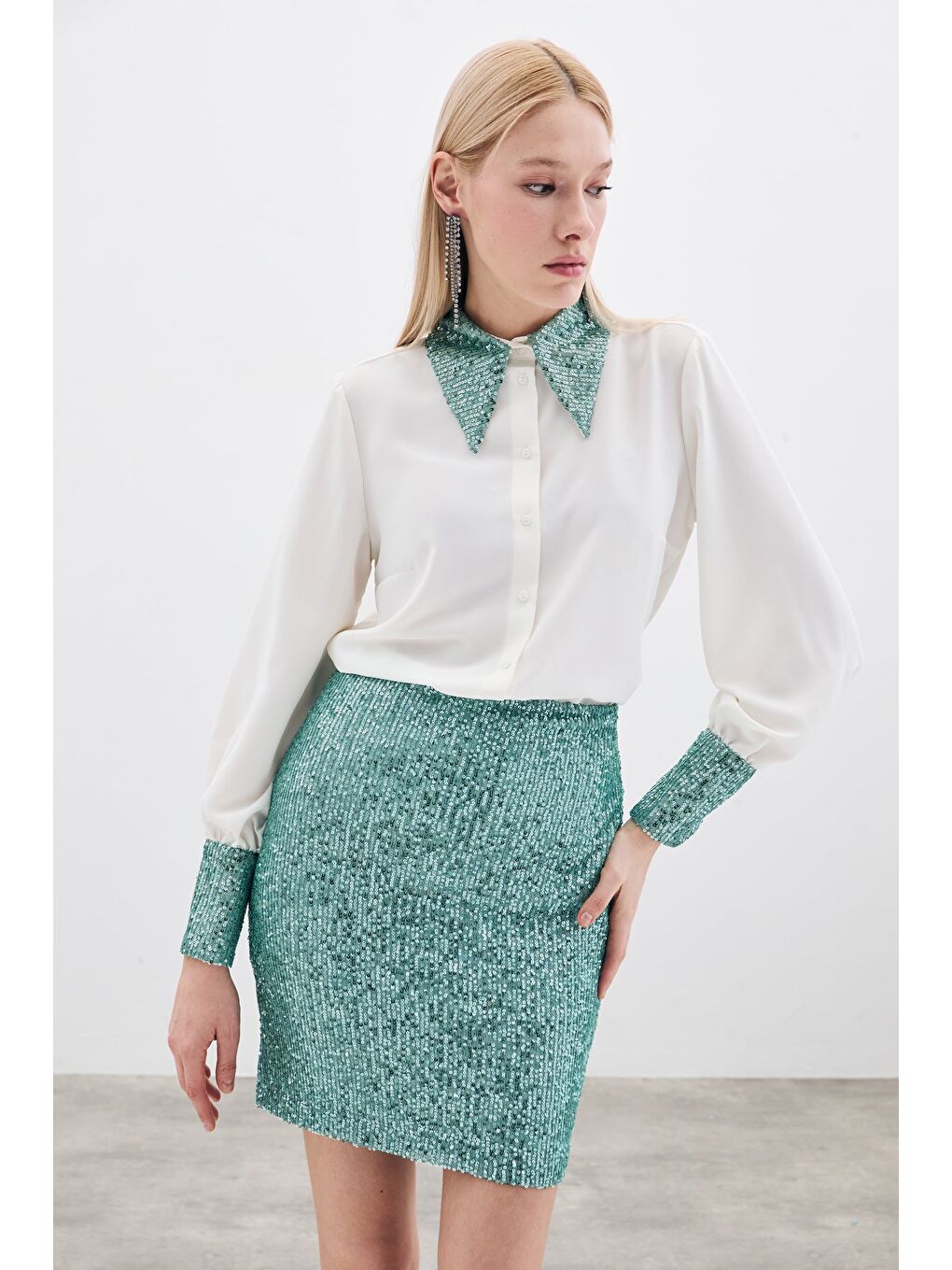Yeşil Payetli Mini Etek - Mint-3