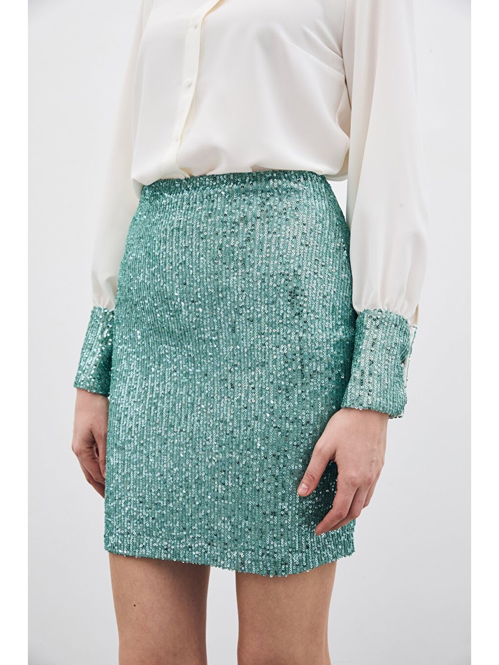 Yeşil Payetli Mini Etek - Mint-4