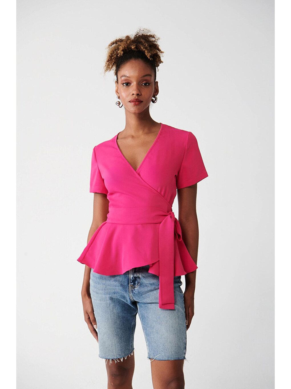 Fuşya Belden Bağlamalı Kruvaze Yaka Krep Bluz