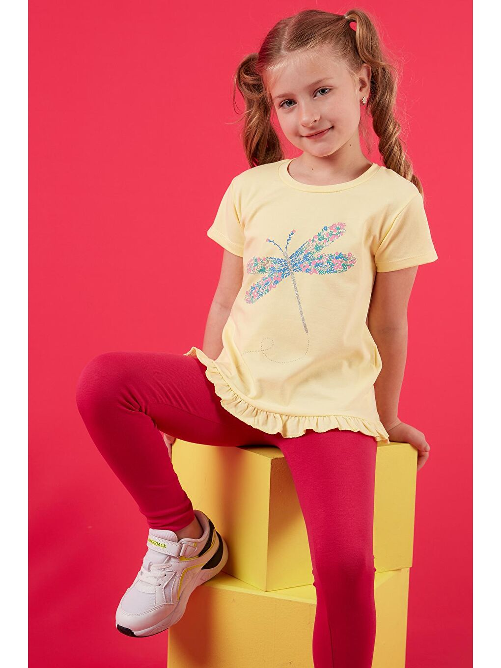 Sarı Pamuklu Baskılı Fırfırlı Bisiklet Yaka T Shirt 6211025