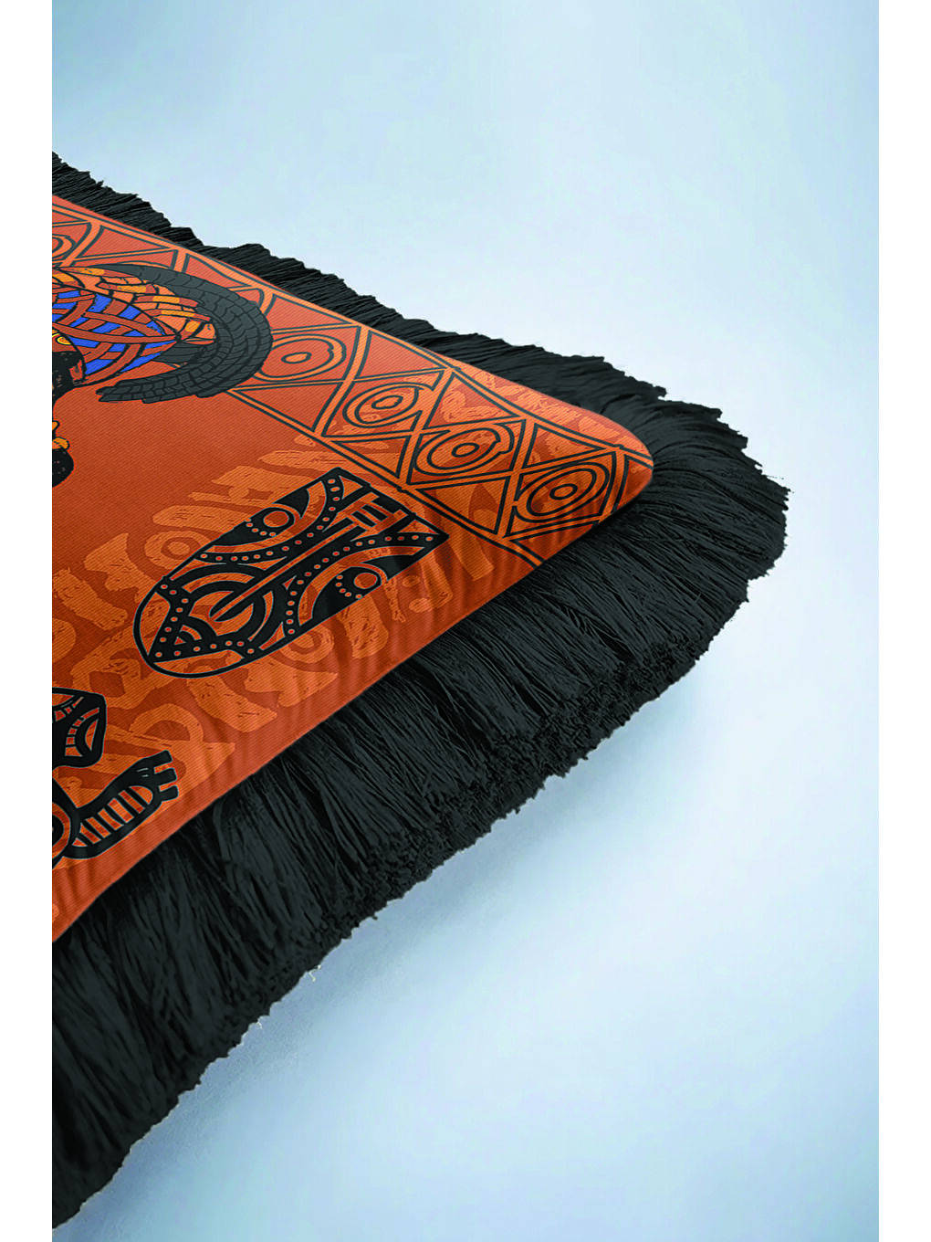 Karışık Etnik Motifli Saçaklı Yastık Kılıfı - Afrika Stili Bohem Turuncu Siyah Püsküllü Kırlent Kılıfı-6