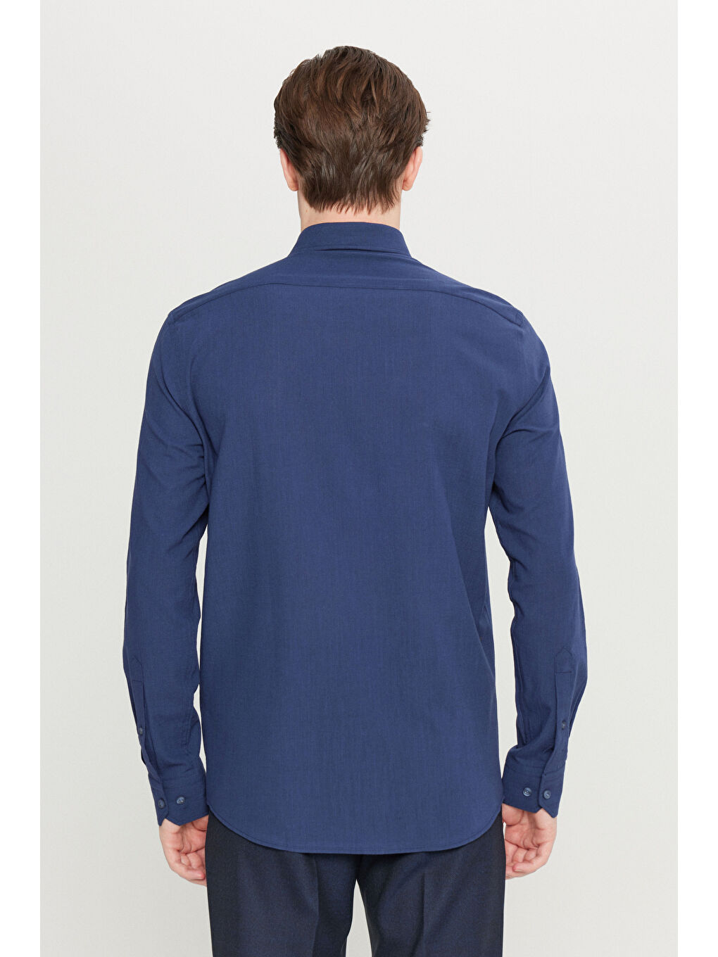 Erkek Lacivert %100 Pamuk Oxford Slim Fit Dar Kesim Düğmeli Yaka Flamlı Gömlek-4