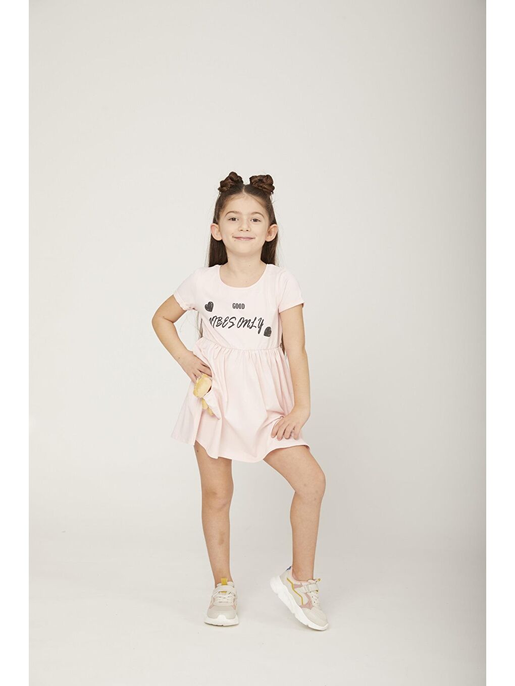 Pembe Kız Çocuk Vibes Only Ayıcıklı Elbise