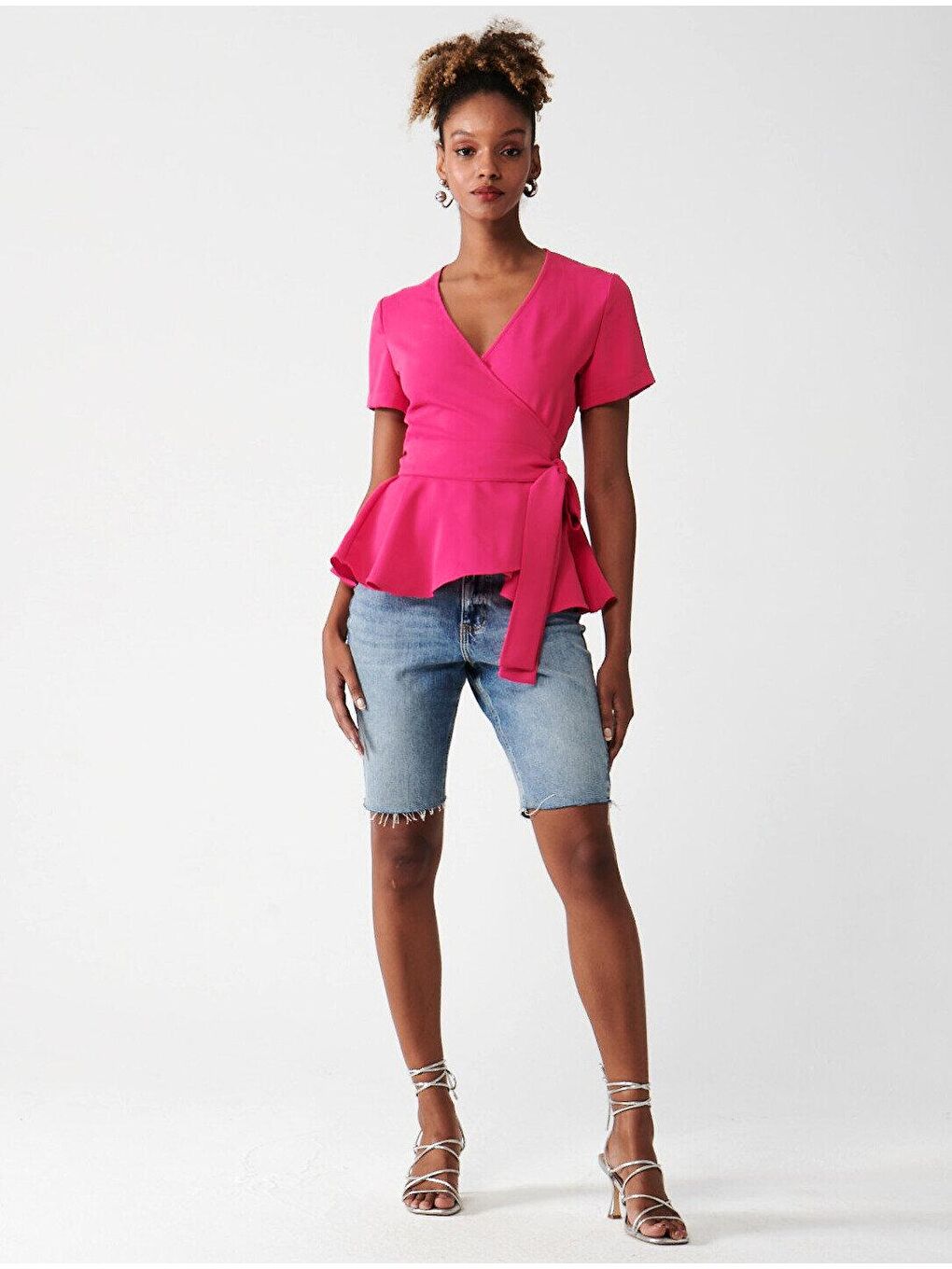 Fuşya Belden Bağlamalı Kruvaze Yaka Krep Bluz-1