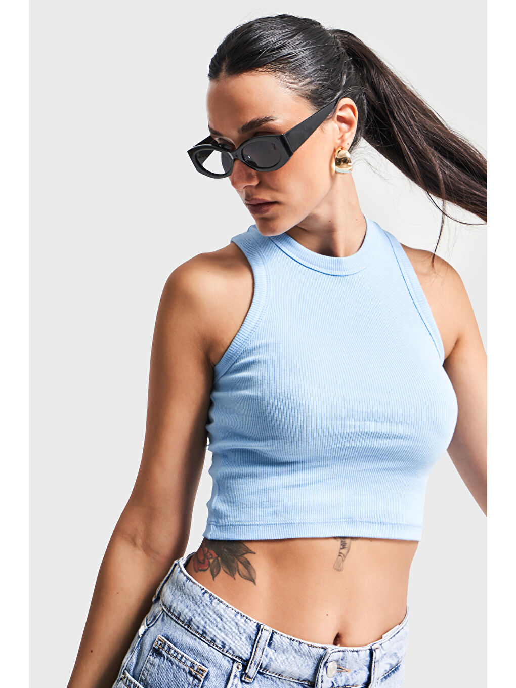 Kadın Bebe Mavisi Renk s5-110 Halter Yaka Esnek Kaşkorse Kumaş Crop Top Body