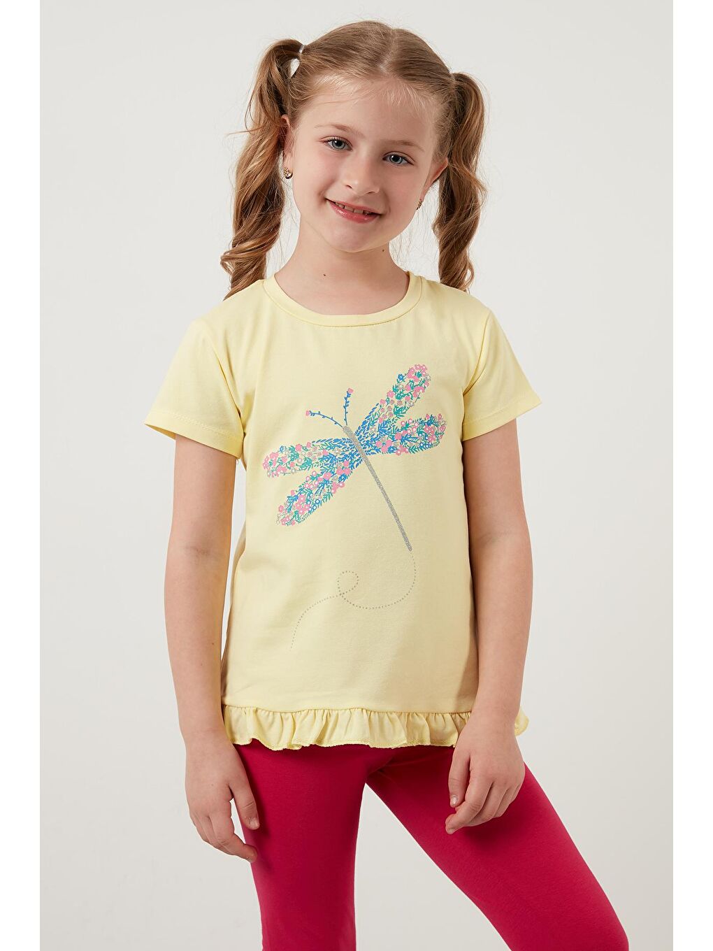 Sarı Pamuklu Baskılı Fırfırlı Bisiklet Yaka T Shirt 6211025-2