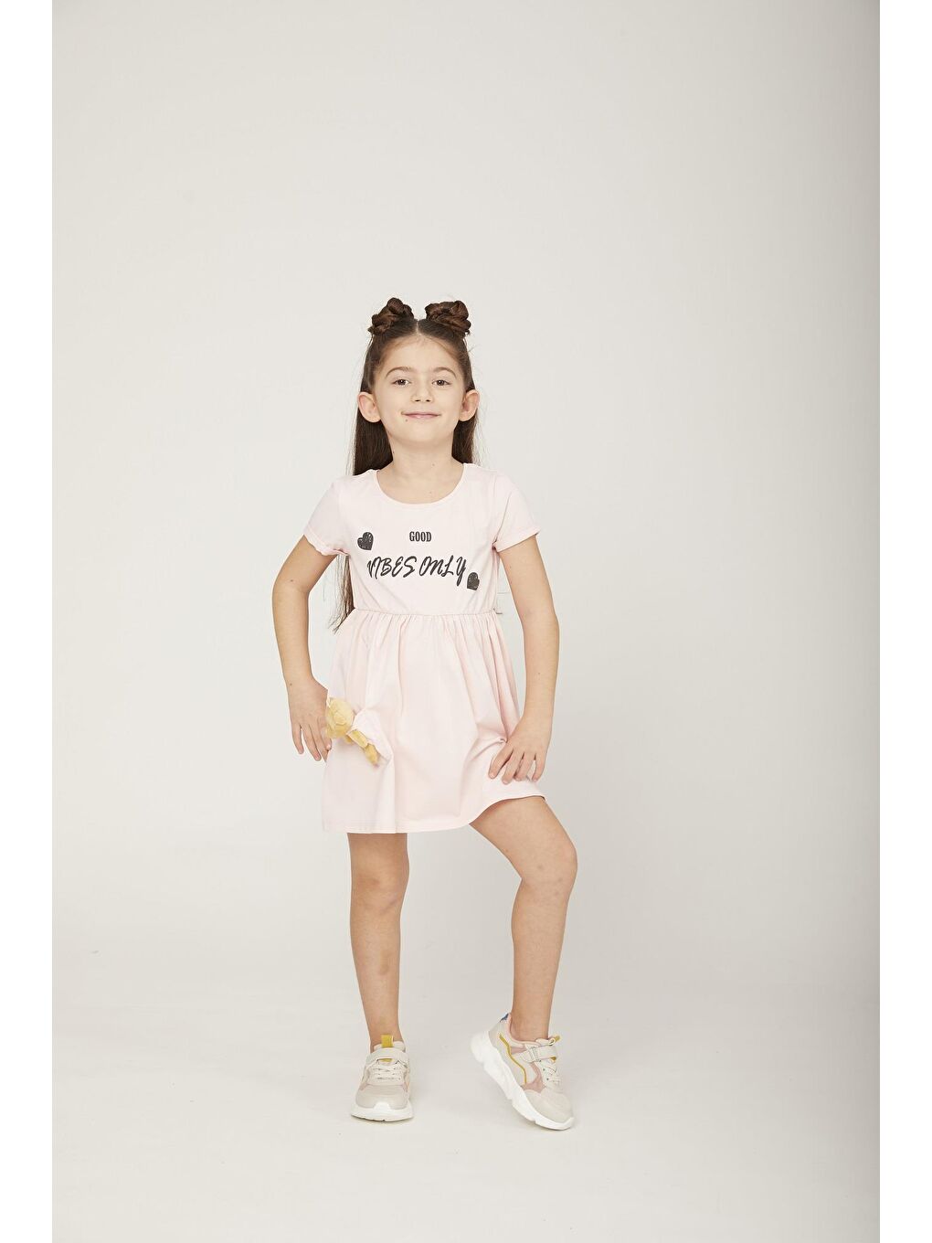 Pembe Kız Çocuk Vibes Only Ayıcıklı Elbise-1