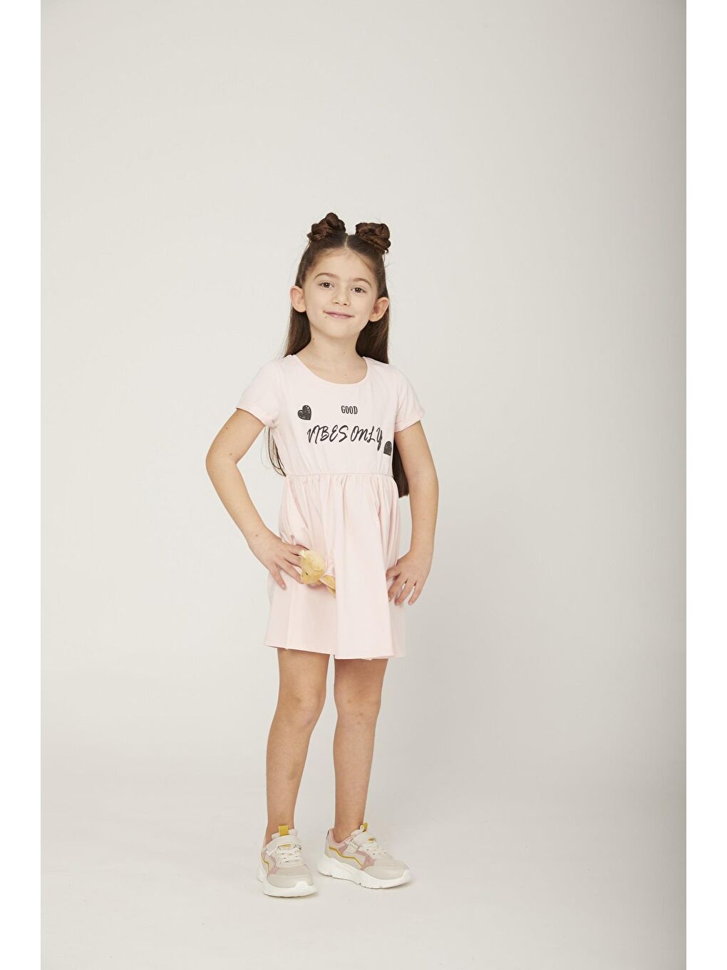 Pembe Kız Çocuk Vibes Only Ayıcıklı Elbise-2
