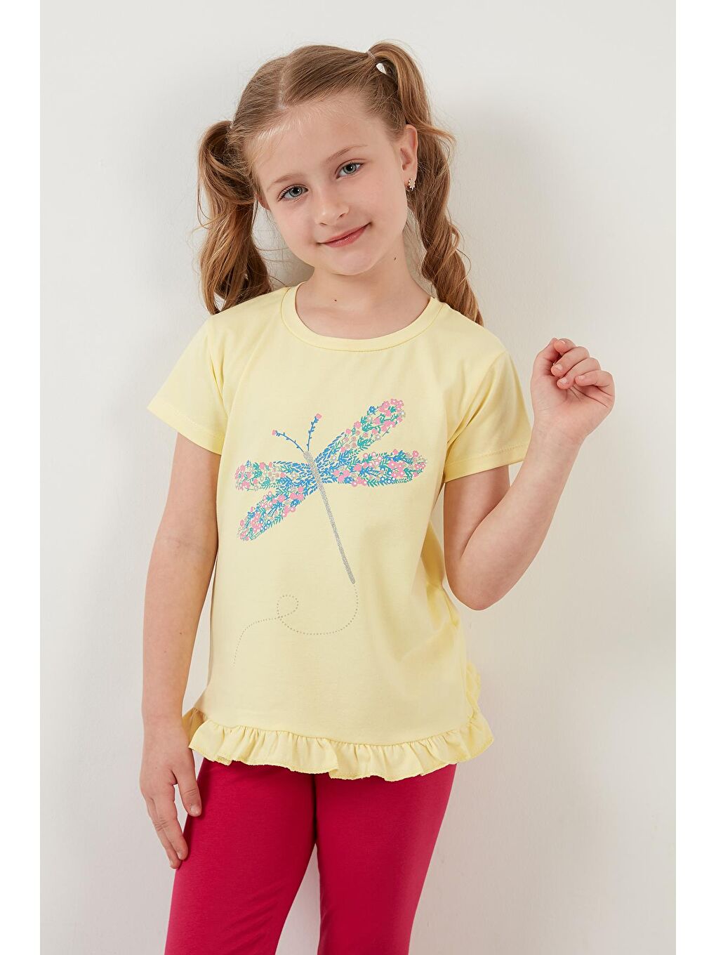 Sarı Pamuklu Baskılı Fırfırlı Bisiklet Yaka T Shirt 6211025-3