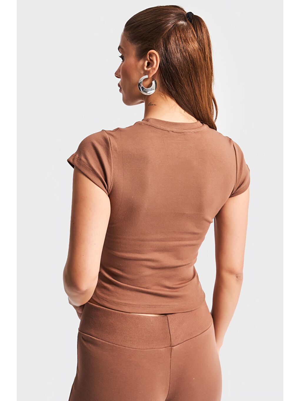 Kadın Kahverengi s5-81 Süper Esnek Kumaş %100 Pamuk Bisiklet Yaka Basic Body-4