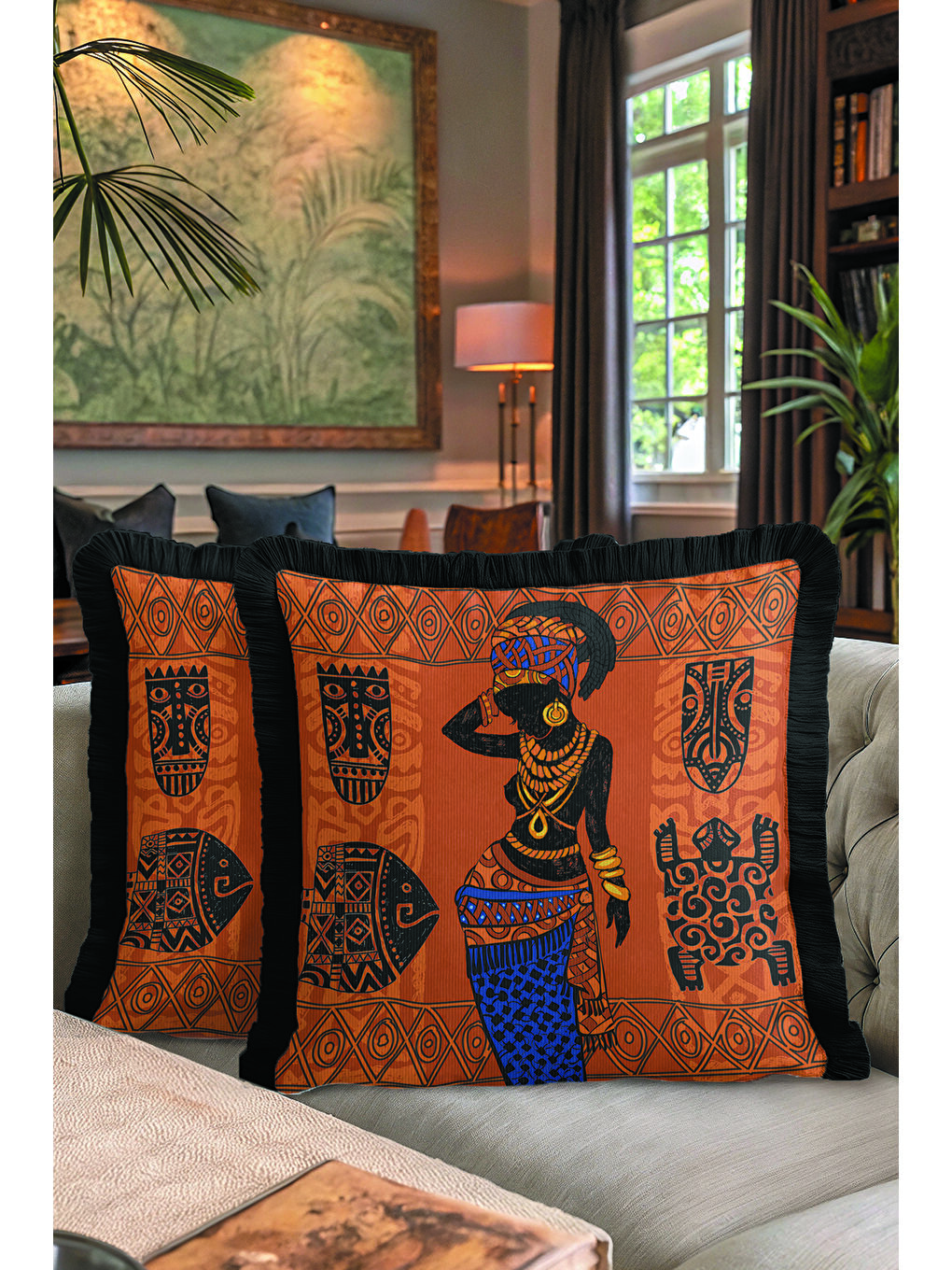 Karışık Etnik Motifli Saçaklı Yastık Kılıfı - Afrika Stili Bohem Turuncu Siyah Püsküllü Kırlent Kılıfı-7