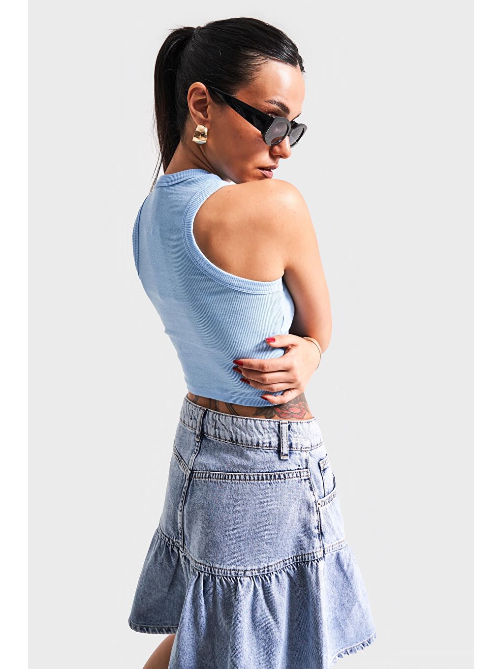 Kadın Bebe Mavisi Renk s5-110 Halter Yaka Esnek Kaşkorse Kumaş Crop Top Body-1