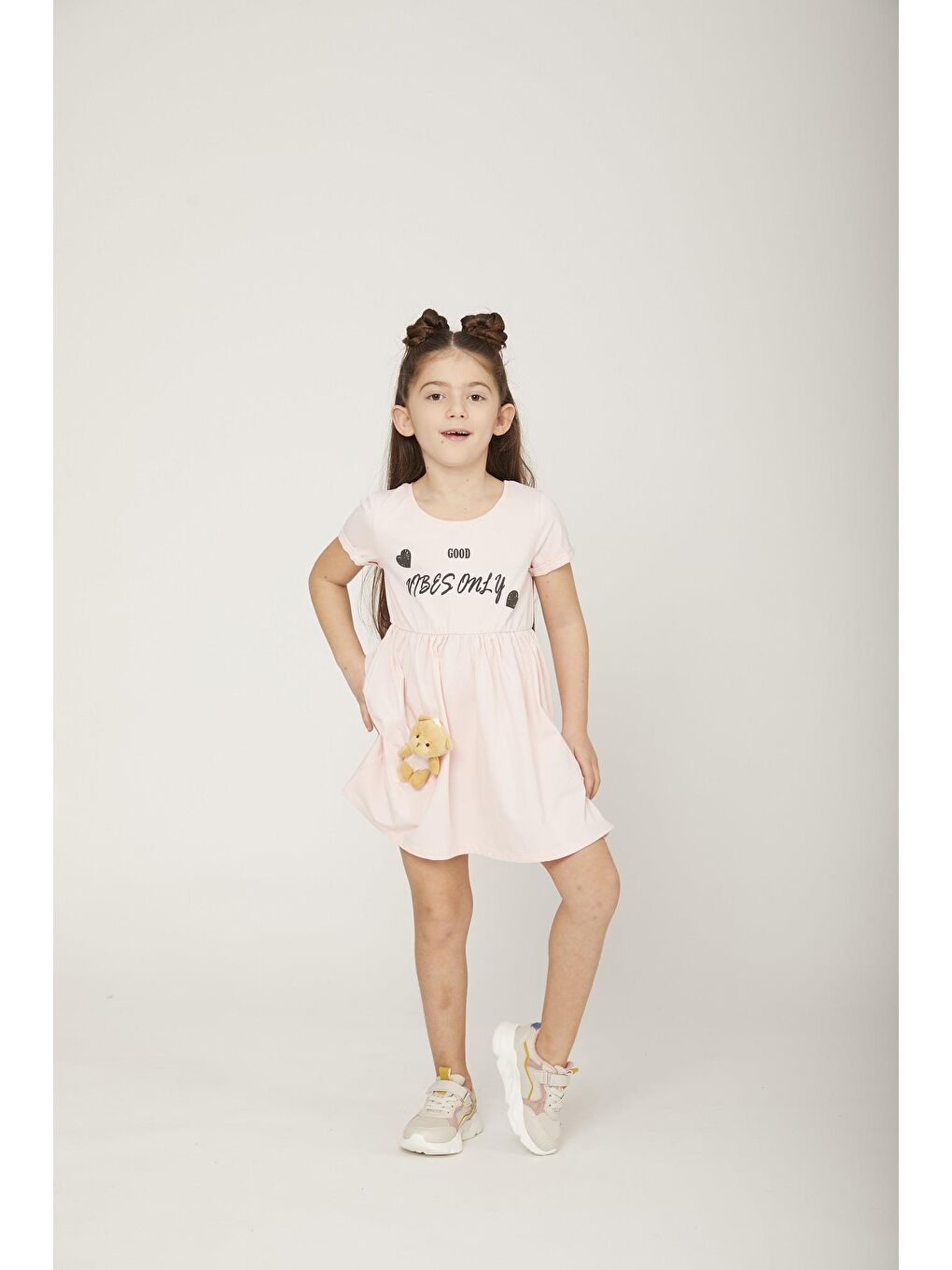Pembe Kız Çocuk Vibes Only Ayıcıklı Elbise-3