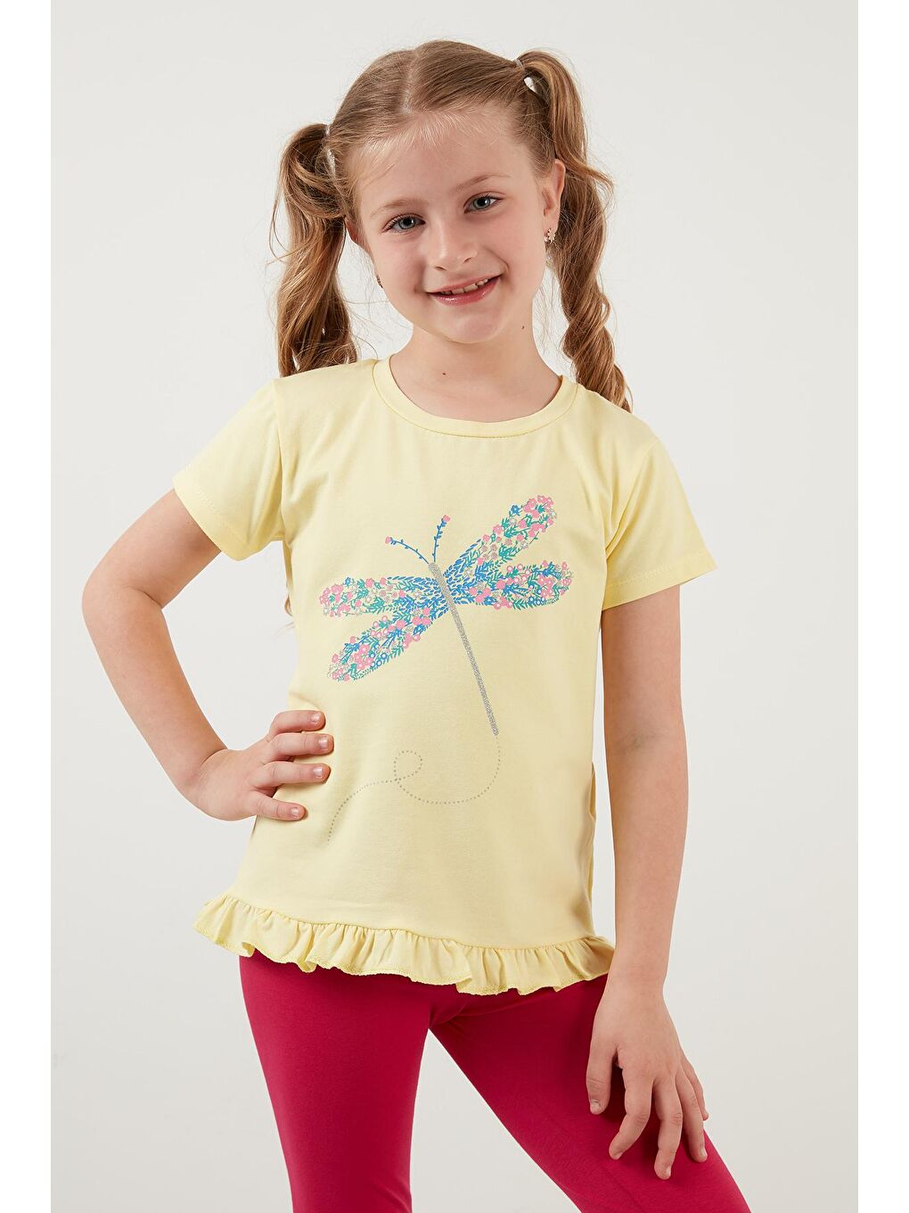 Sarı Pamuklu Baskılı Fırfırlı Bisiklet Yaka T Shirt 6211025-4