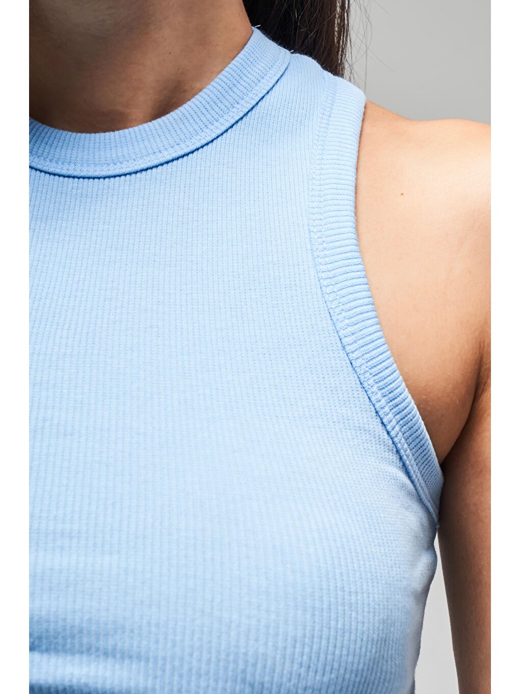 Kadın Bebe Mavisi Renk s5-110 Halter Yaka Esnek Kaşkorse Kumaş Crop Top Body-2