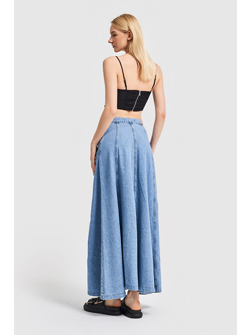 Kadın Mavi Renk A Form Maxi Boy 102 cm Denim Etek-2