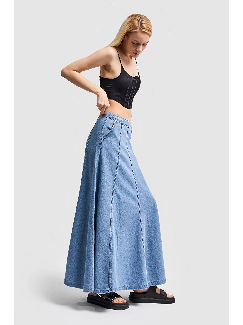 Kadın Mavi Renk A Form Maxi Boy 102 cm Denim Etek-4