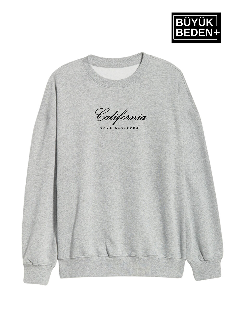 Gri Kadın El Yazılı California Baskılı Büyük Beden İnce Bisiklet Yaka Swatshırt SPR25BSWK63-1