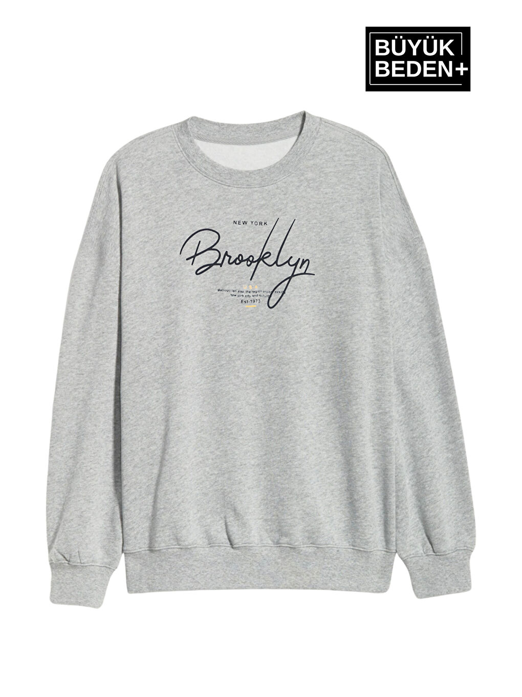 Gri Kadın El Yazılı Brooklyn Baskılı Büyük Beden İnce Bisiklet Yaka Swatshırt SPR25BSWK59-1
