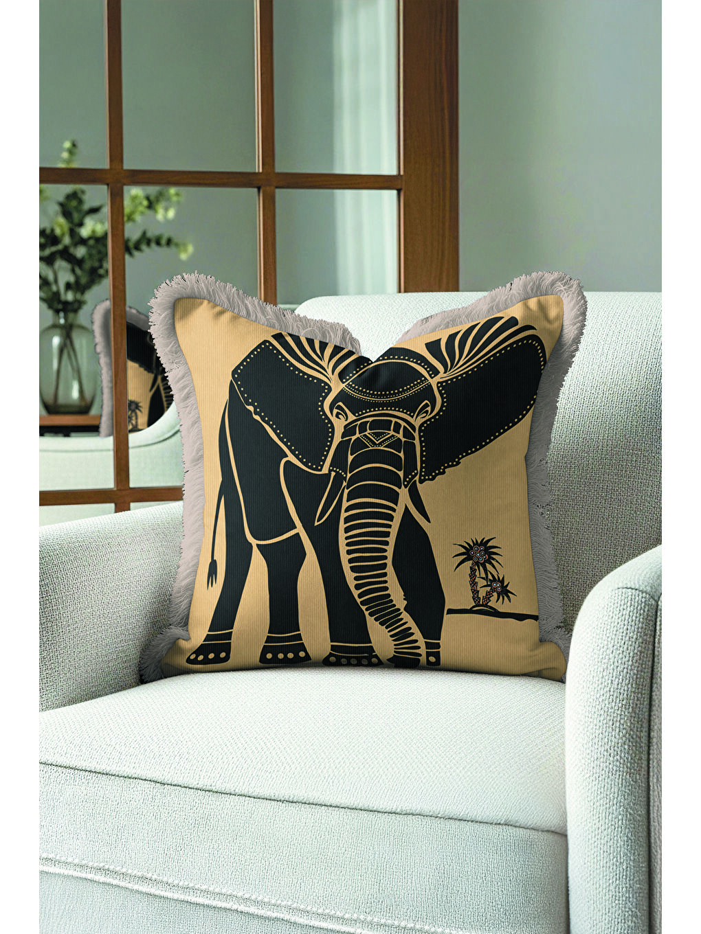 Karışık Afrika Esintili Fil Figürlü Saçaklı Yastık Kılıfı - Etnik Safari Temalı Püsküllü Kırlent Kılıfı-1