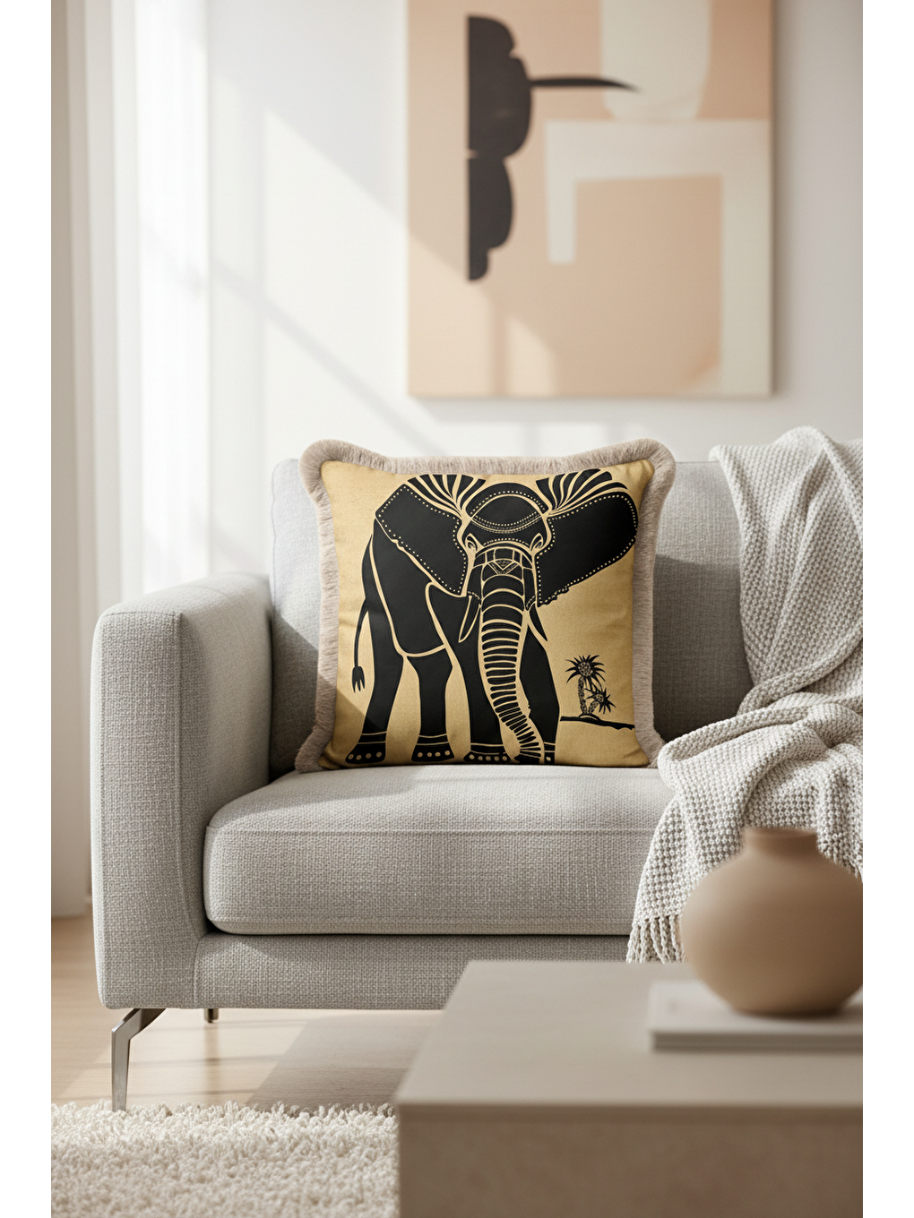 Karışık Afrika Esintili Fil Figürlü Saçaklı Yastık Kılıfı - Etnik Safari Temalı Püsküllü Kırlent Kılıfı-2