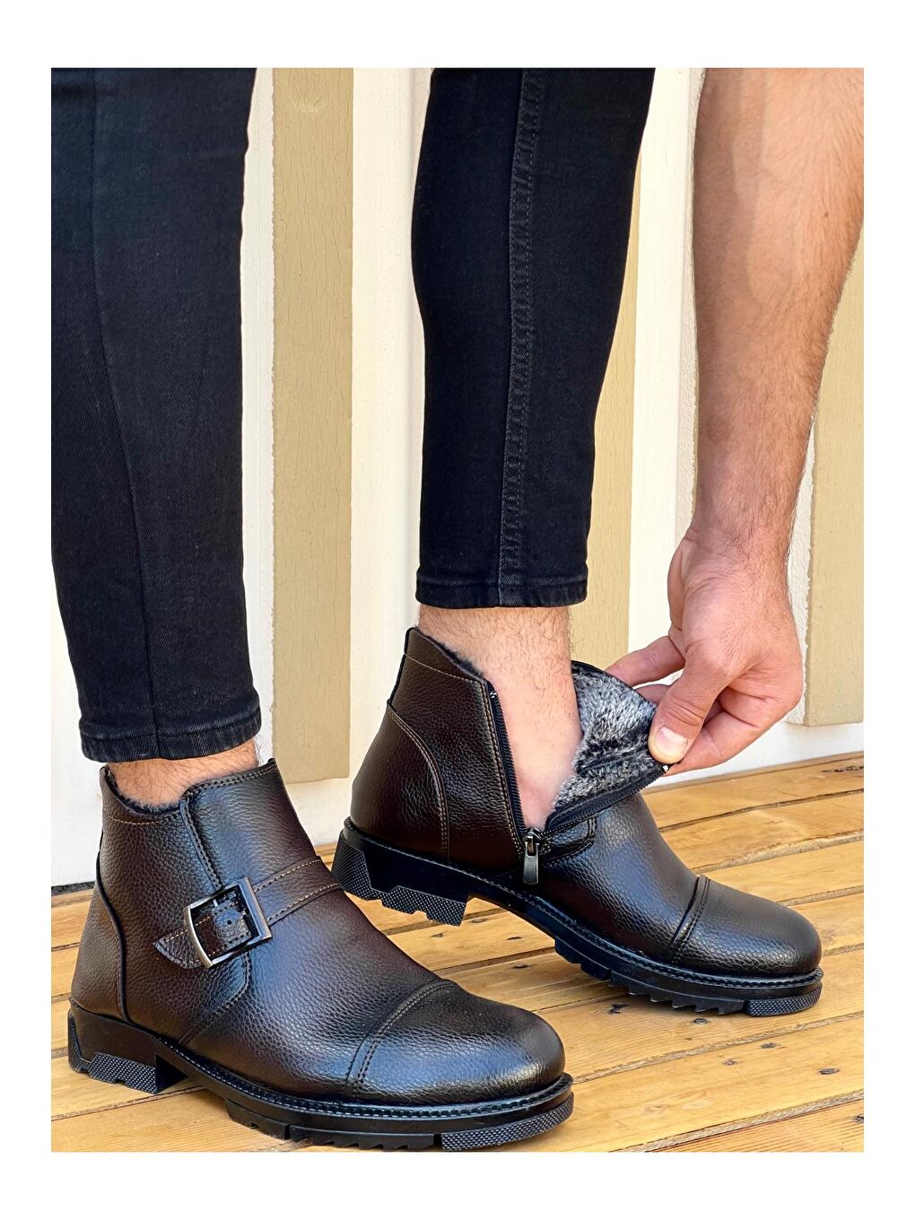 Kahverengi M1001 Su&soğuk Geçirmez Kürklü Unisex Kışlık Fermuarlı Bot Kauçuk Taban Sağlam