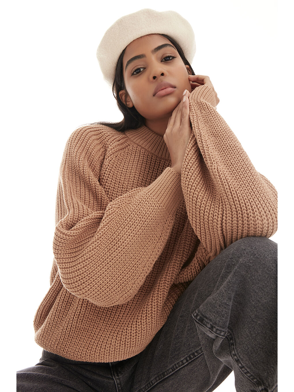 Kahverengi Kadın Kahve Renk Oversize Fit Kalın Örgülü Triko Kazak-2