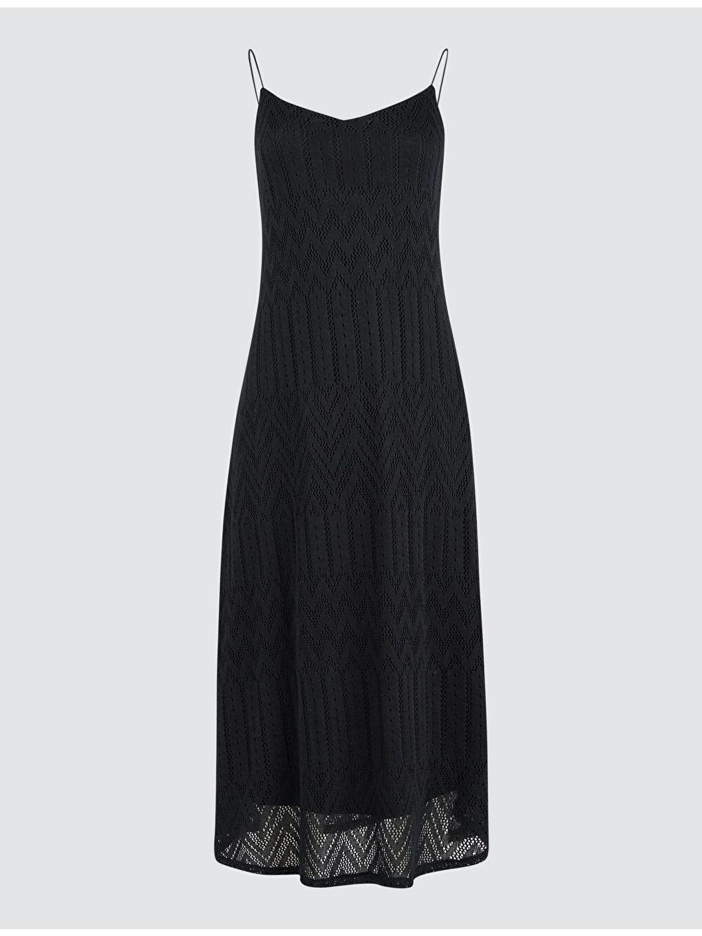 Siyah Düz Kesim Askılı V Yaka Örme Elbise-5