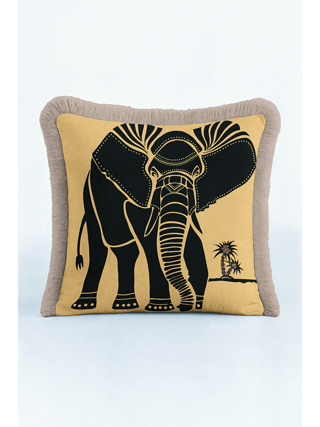 Karışık Afrika Esintili Fil Figürlü Saçaklı Yastık Kılıfı - Etnik Safari Temalı Püsküllü Kırlent Kılıfı-3