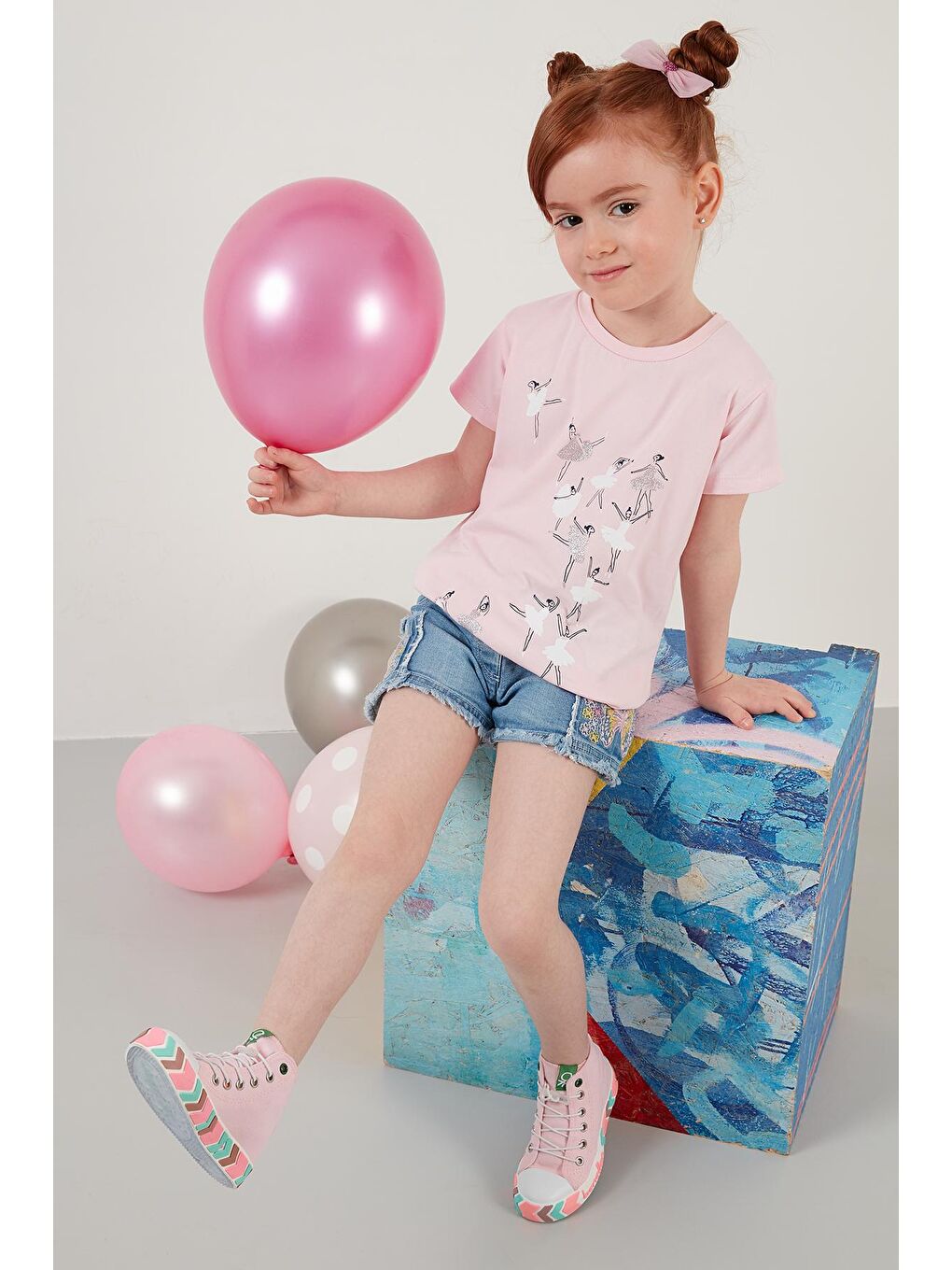 Pembe Baskılı Bisiklet Yaka Pamuklu T Shirt 6211026