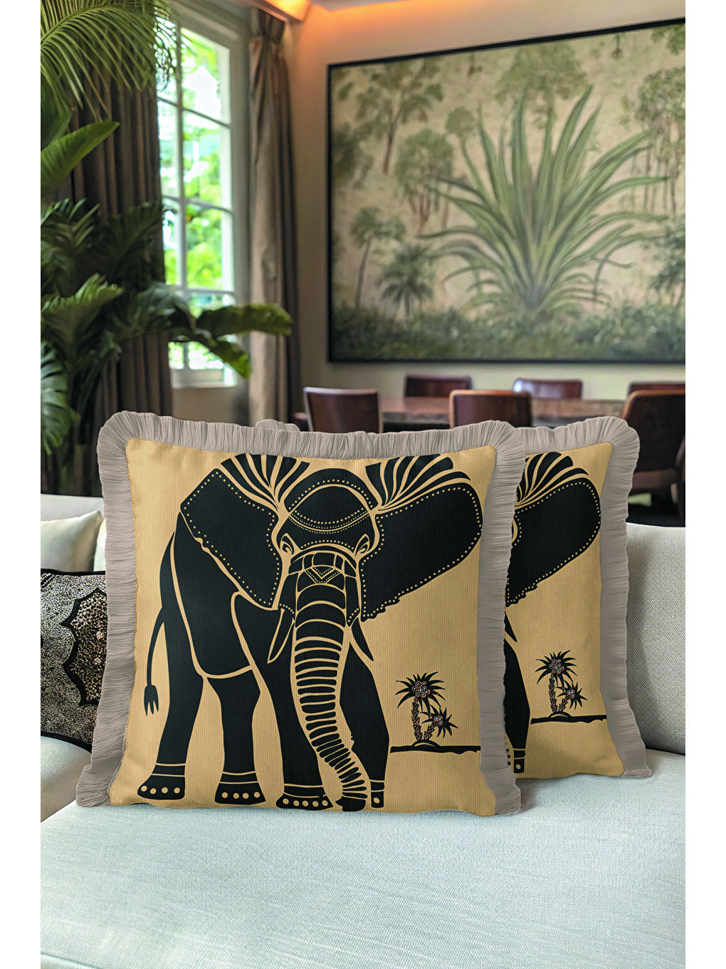 Karışık Afrika Esintili Fil Figürlü Saçaklı Yastık Kılıfı - Etnik Safari Temalı Püsküllü Kırlent Kılıfı-5