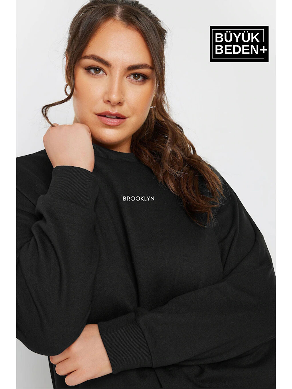 Siyah Kadın Orta Brooklyn Baskılı Büyük Beden İnce Bisiklet Yaka Swatshırt SPR25BSWK60-1