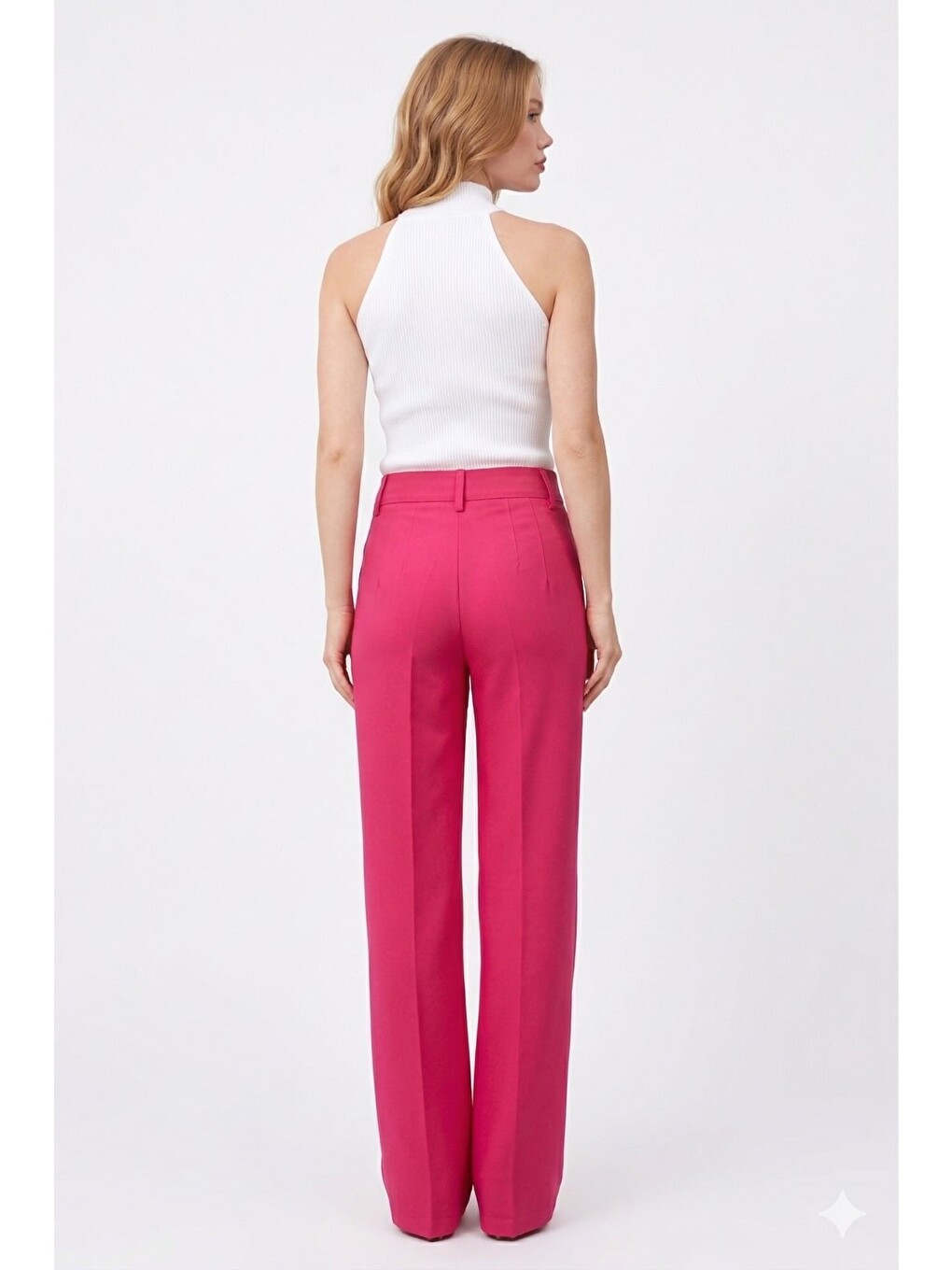 Fuşya Çizgili Beli Lastikli Kaşe Pantolon-1
